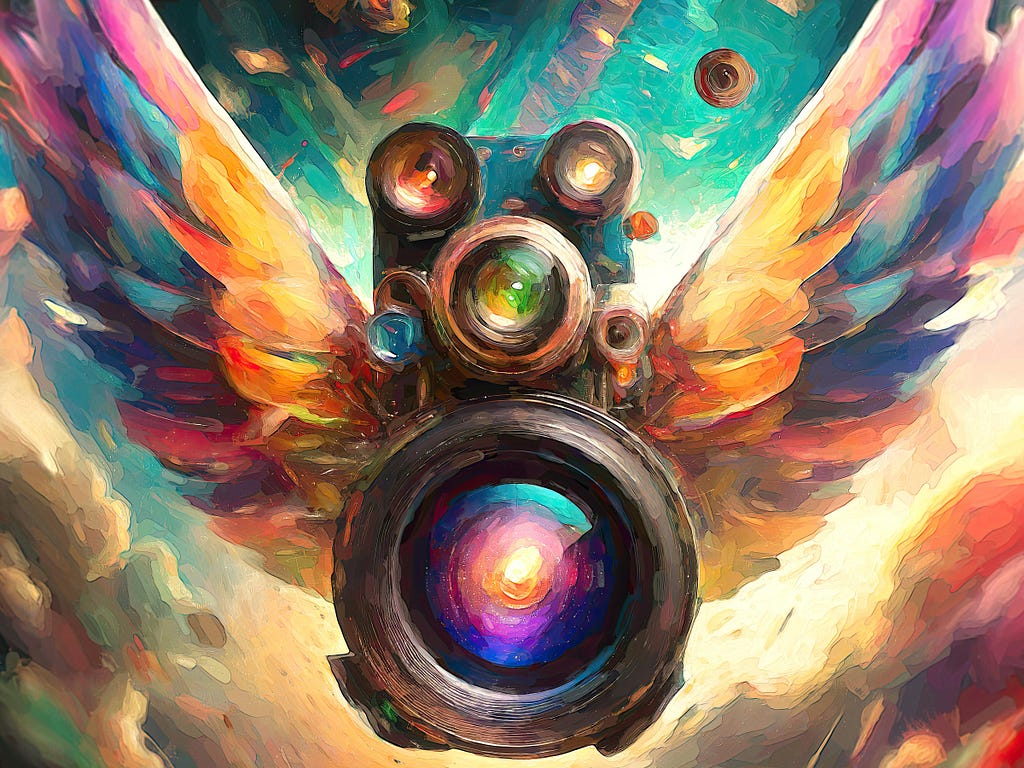 A generative AI illustration of a camera with rainbow-colored wings and multiple lenses (it’s largest focused on the viewer) hovering against a turquoise and cloud-filled background.