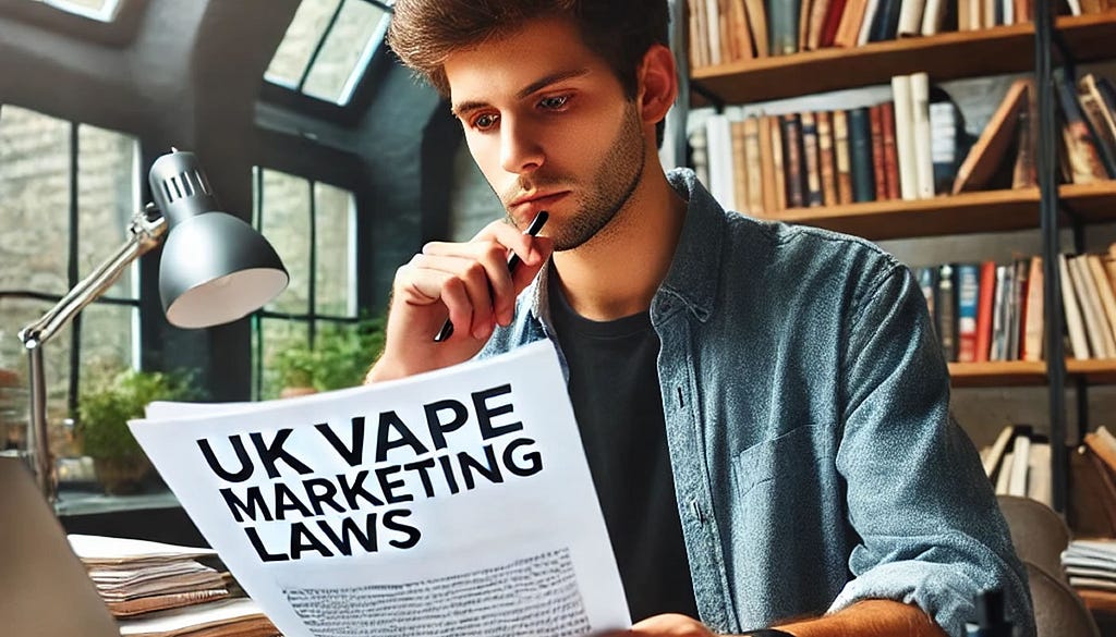 A person studying a document titled “UK Vape Marketing Laws” with a thoughtful expression.