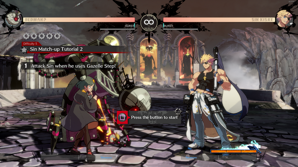 Guilty Gear Strive’s mission mode that depicts Bedman? (left) fighting Sin Kiske (right). There is text on the screen that reads “Sin Match-up Tutorial 2. Attack Sin when he uses Gazelle Step! Press the button to start.” The button is the pink square playstation 4 controller button.