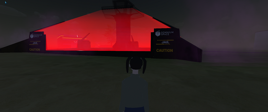 A sparse and industrial pyramid, enclosed by a bright red force-field. At each corner there is a sign that says “Somnium Space” followed by “JAIL. CAUTION” in all caps.