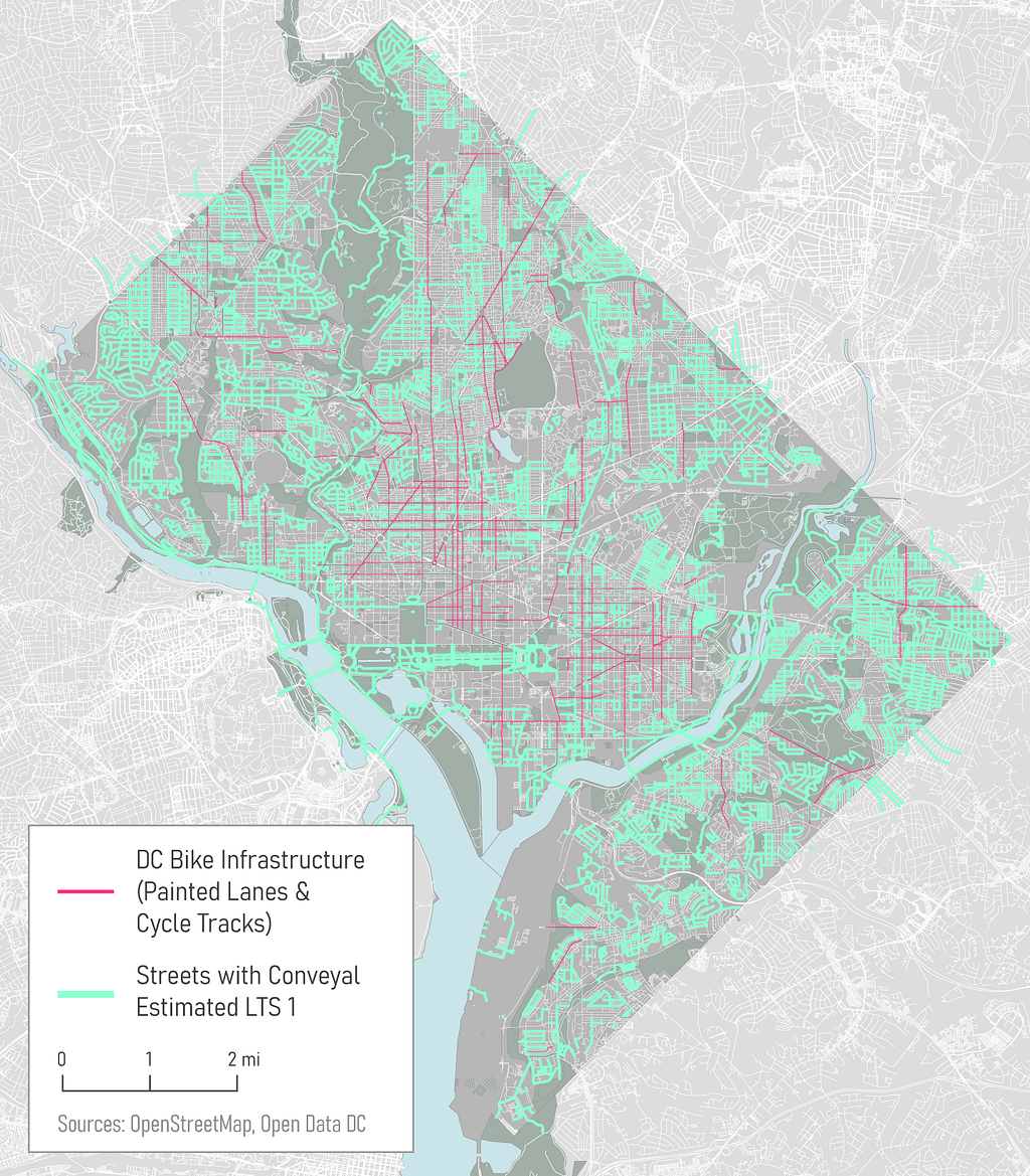 A map of Washington, DC showing the Conveyal-Tagged LTS 1 streets and DC’s bike network.