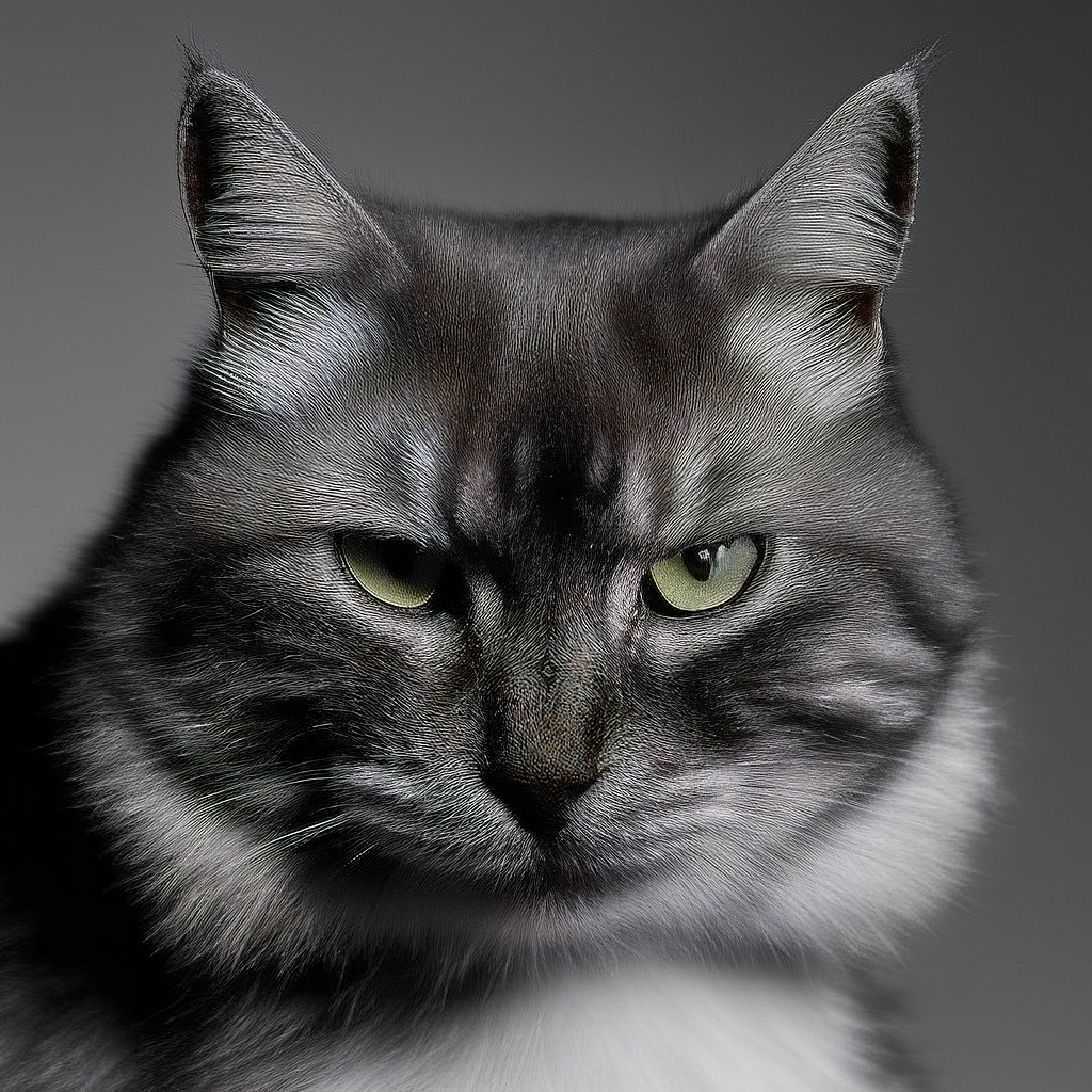A cat posing for a glamour shot with a serious expression, looking directly at the camera.