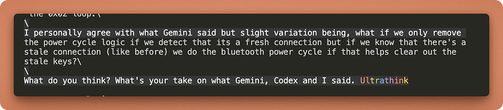 A horizontal screenshot of text within a dark-mode code editor interface. The text is a developer’s comment discussing a technical logic change and prompting with user scenario and hypothesis