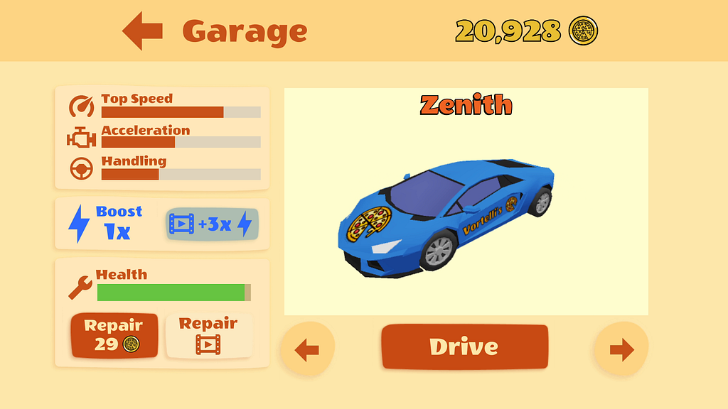 A screenshot of the garage page where players can manage their vehicles