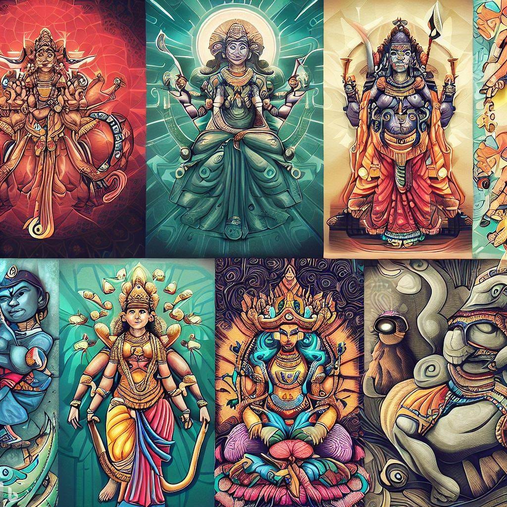 Showcasing various archetypal characters from Hindu mythology, each representing specific qualities. For instance, the fierce warrior goddess Durga symbolizes strength, while the benevolent and wise Lord Krishna embodies compassion. The collage emphasizes the diversity and depth of these characters, inspiring designers to create multi-dimensional and relatable user personas.