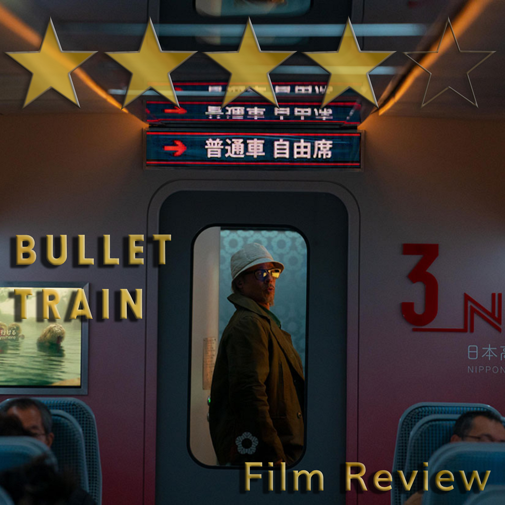 A still of Brad Pitt from the film “Bullet Train”. He is seen looking through a glass door of a train. The film is rated four out of five stars.