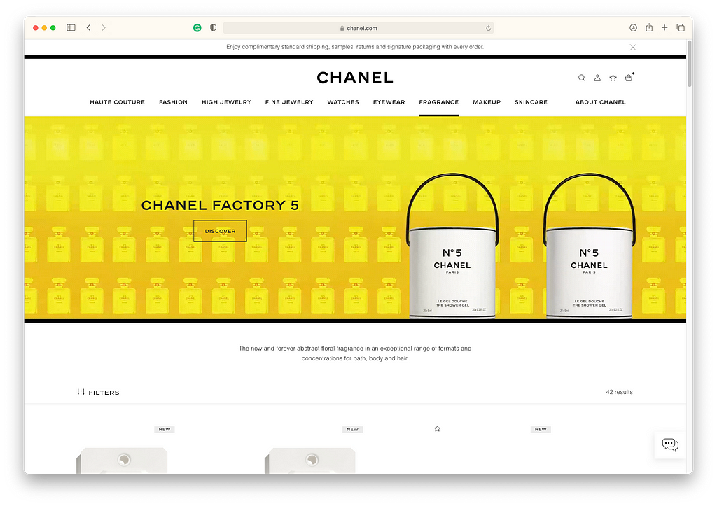 An image of chanel.com featuring two stylized cans of №5 paint