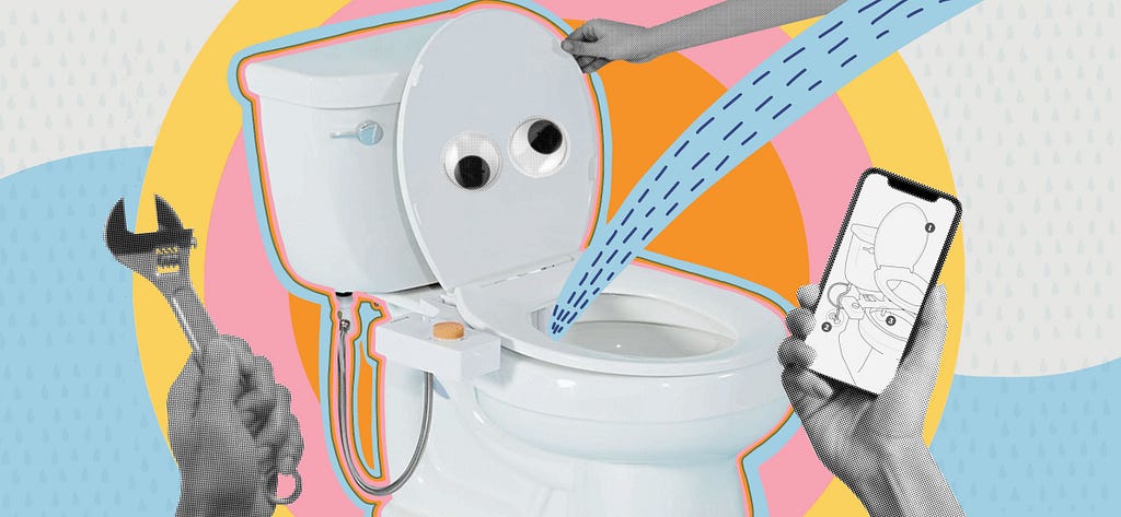 Water sprays from a bidet attached to a toilet with googly eyes. Surrounding it are three hands: One touches the lid, one holds a wrench, and one holds a smartphone displaying a toilet diagram.