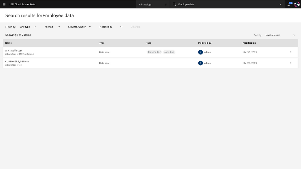 screenshot of a list of results for searching for the classification “Employee data”, showing the data assets related to the classification.