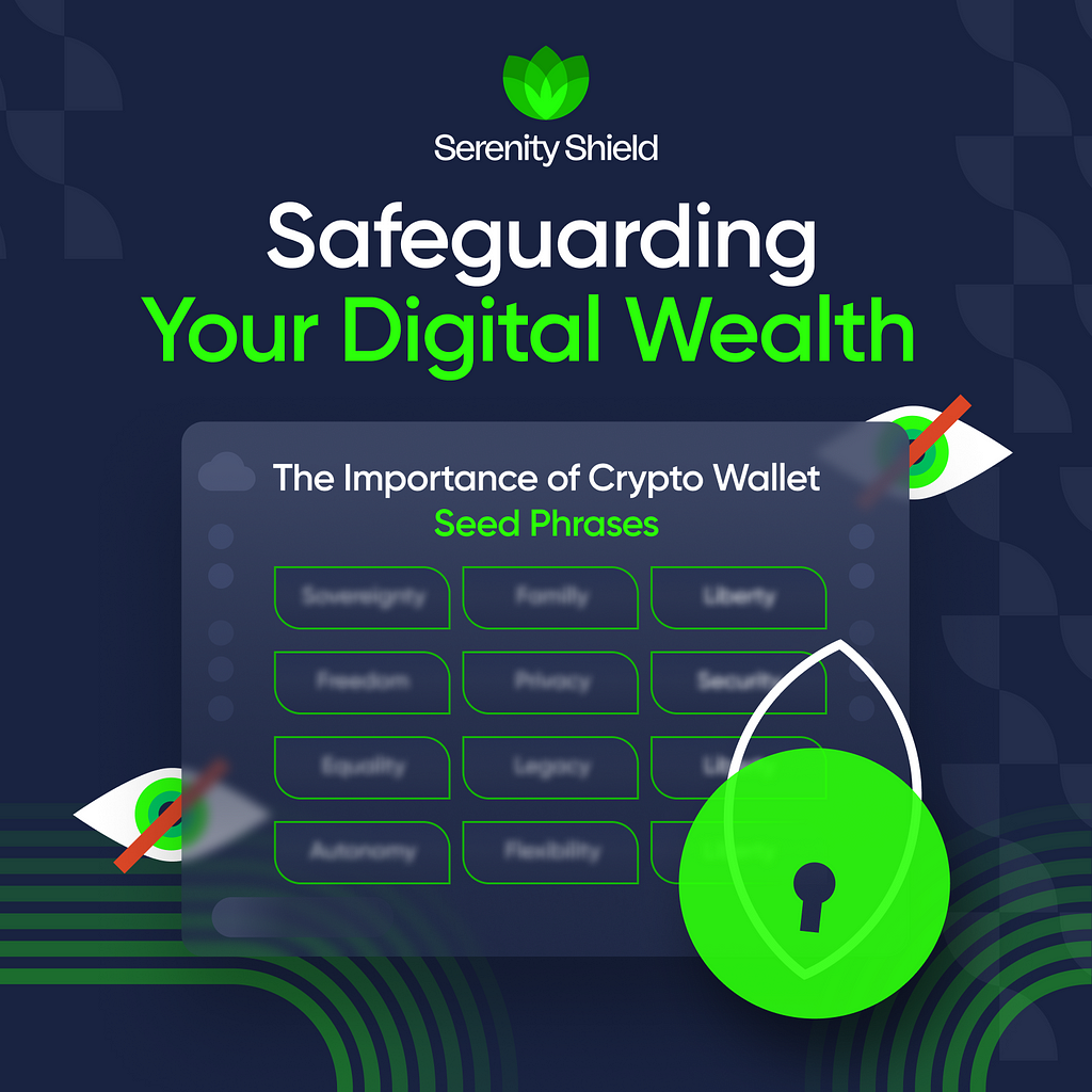 Digital Image of a conceptual panel showing a seed phrase for a crypto wallet blurred out. Image also contains the text with the title of the blog that says “Safeguarding Your Digital Wealth. The Importance of Crypto Wallet Seed Phrases”