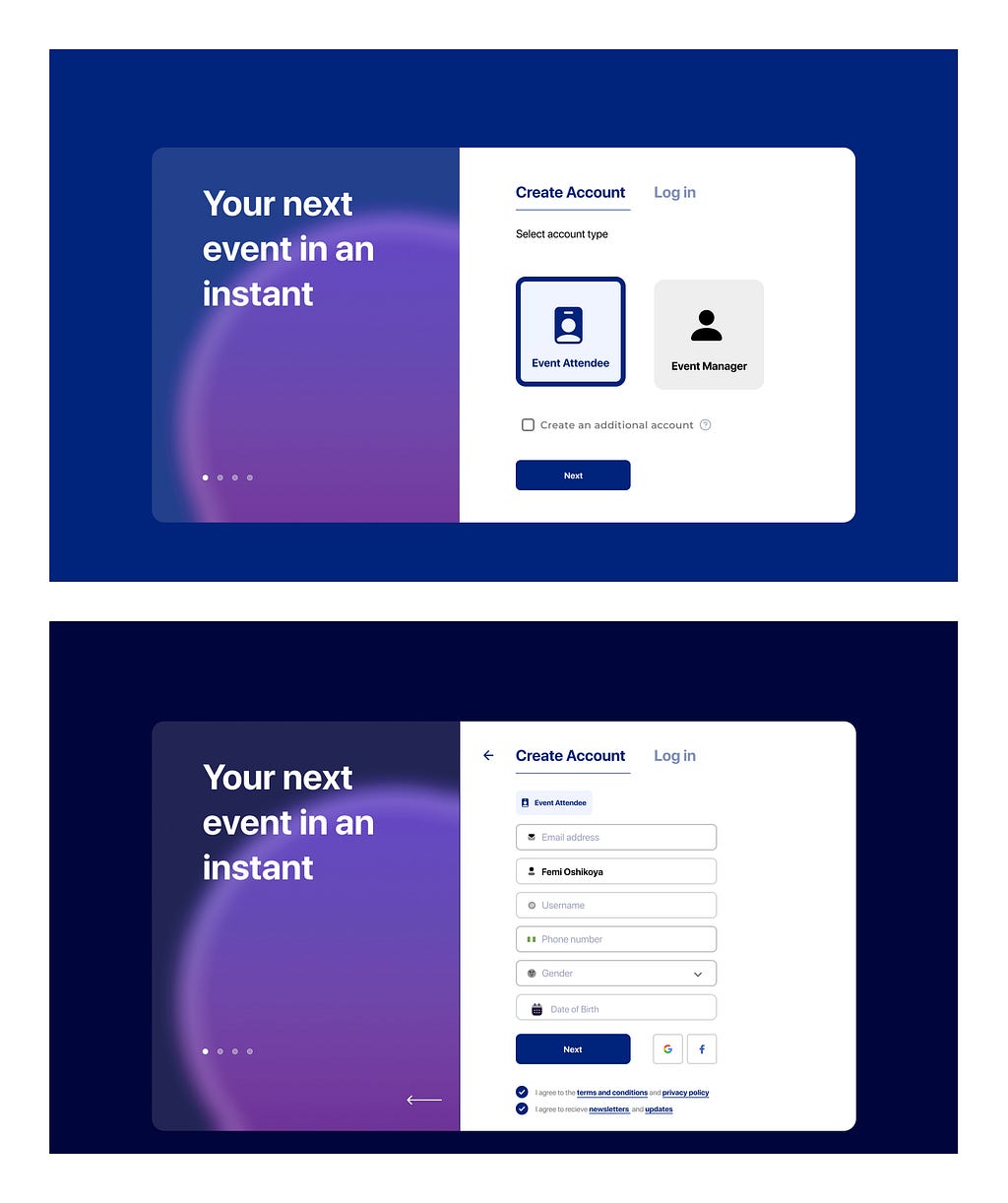 A picture showing the old registration experience (User role selection and Sign Up screens)