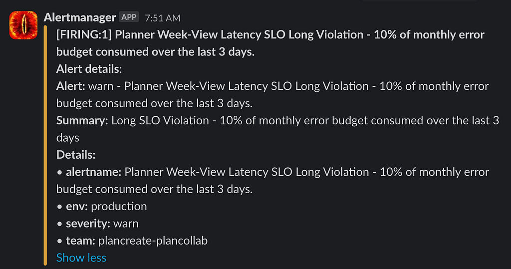 An image of an example Slack alert of the Planner Latency SLO violation.