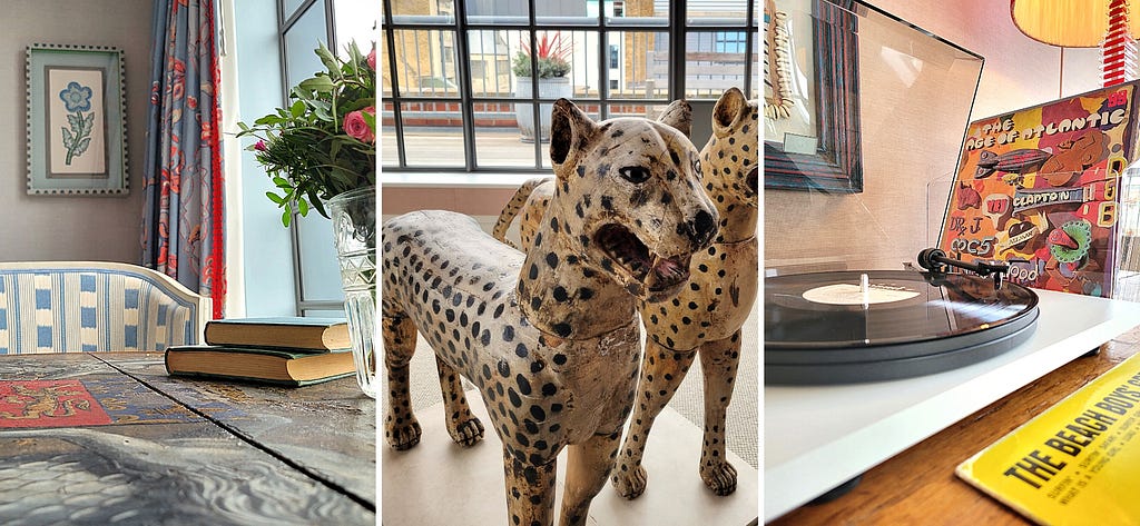 Some of my favourites from the Terrace Suite. Left to right: a hand-painted table in the bedroom, a Snow Leopard pair watching over the sitting room, a turntable with selection of vinyl. Photos by Laura Metze.