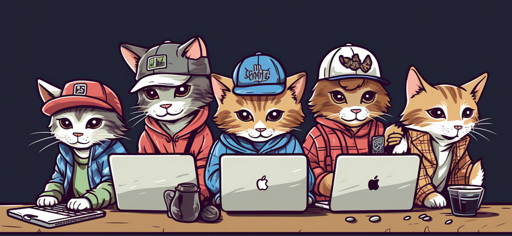 Group of similar looking cats with MacBooks, baseball caps, and plaid shirts