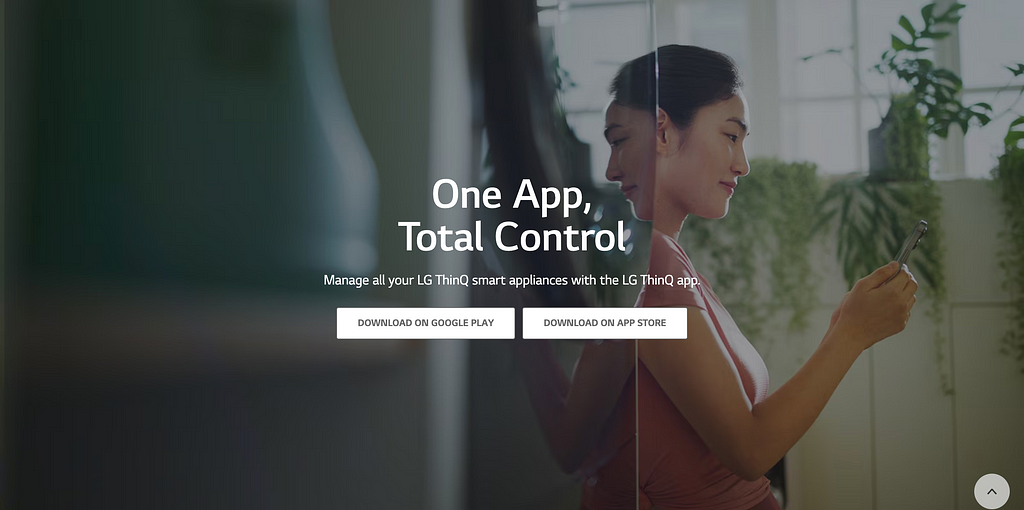 A picture showing the Hero section for the LG ThinQ app on LG’s website
