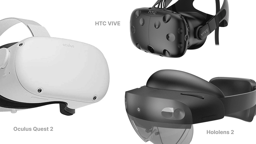Three of the most popular XR devices: Oculus Quest 2, HTC Vive and Hololens 2
