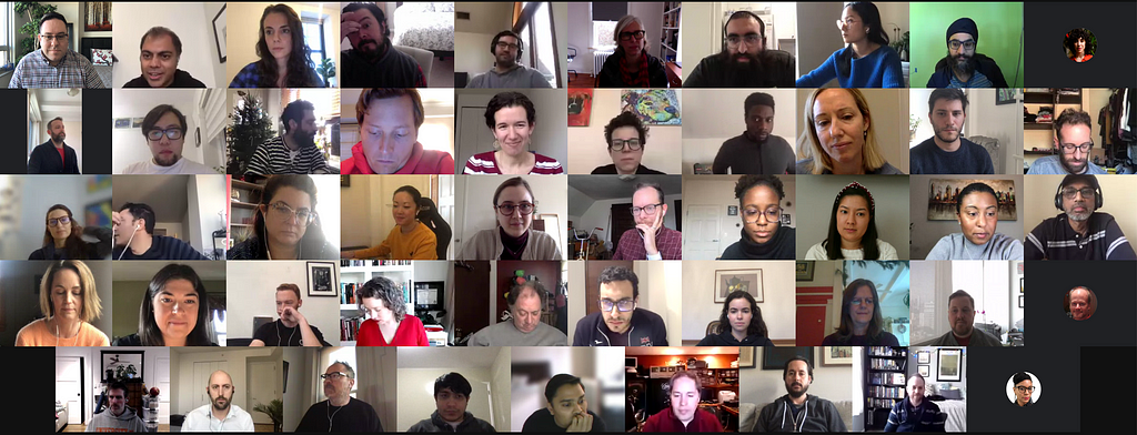 A screenshot, showing many people all participating in a video call
