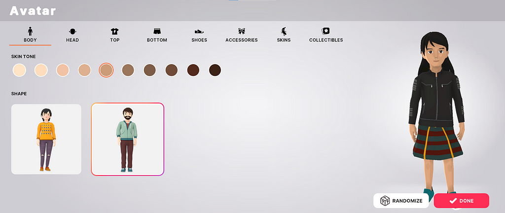 The Decentraland avatar creator. The customization categories offered are body, head, top, bottom, shoes, accessories, skins, and collectibles. My avatar stands on the right in a black zip-up and a green and red striped skirt