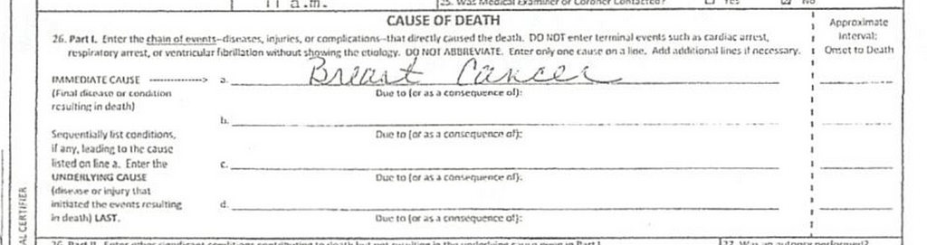 Detail of Alice Jones’s death certification, showing Breast Cancer as the sole cause of death