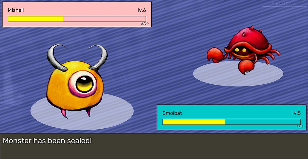 Two cartoon creatures at opposite sides of the screen. Health bars can be seen near each creature. A caption at the bottom reads “Monster has been sealed”