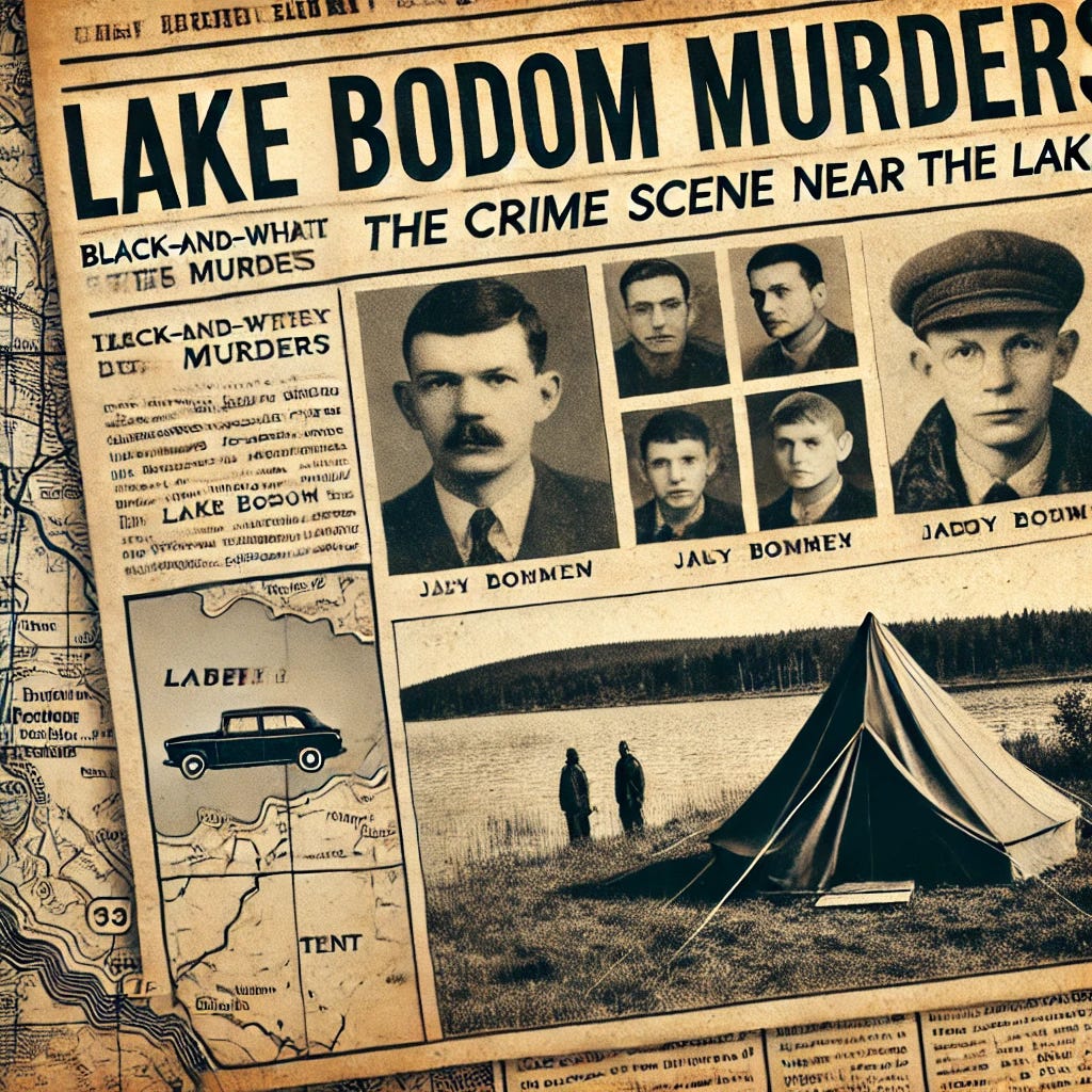 An old newspaper clipping style image with headlines about the Lake Bodom murders. The image includes black-and-white photos of the victims.