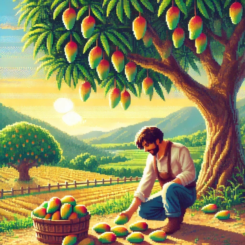 a colorful painting of a farmer (wearing Golang shirt) collecting fallen mangos under a mango tree in the style of 1800s, pixel art