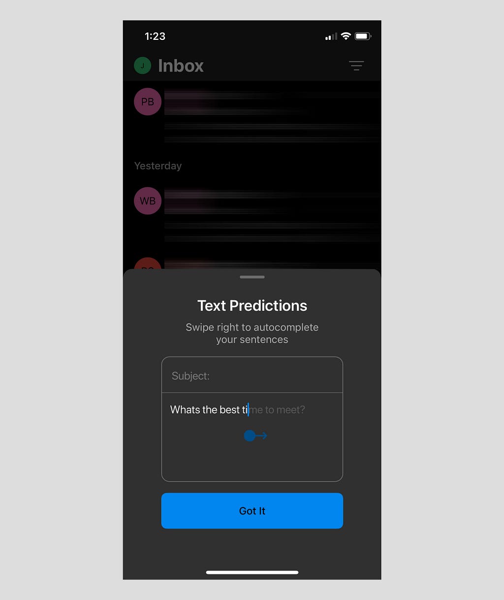 Microsoft Outlook app with Text Prediction UX writing text on display.