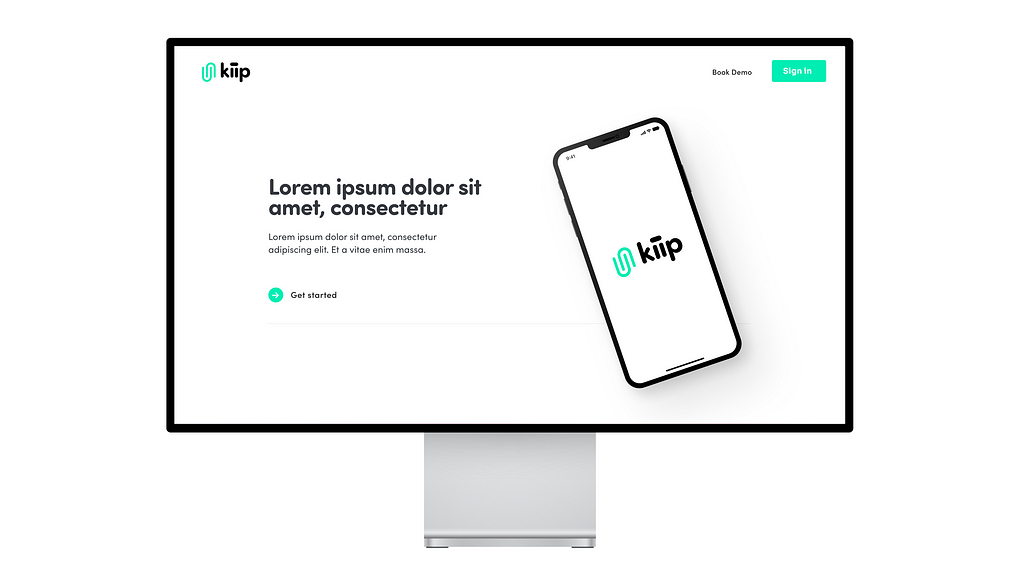 A mockup design of the website with the kiip logo in bright green with same bright shade for buttons.