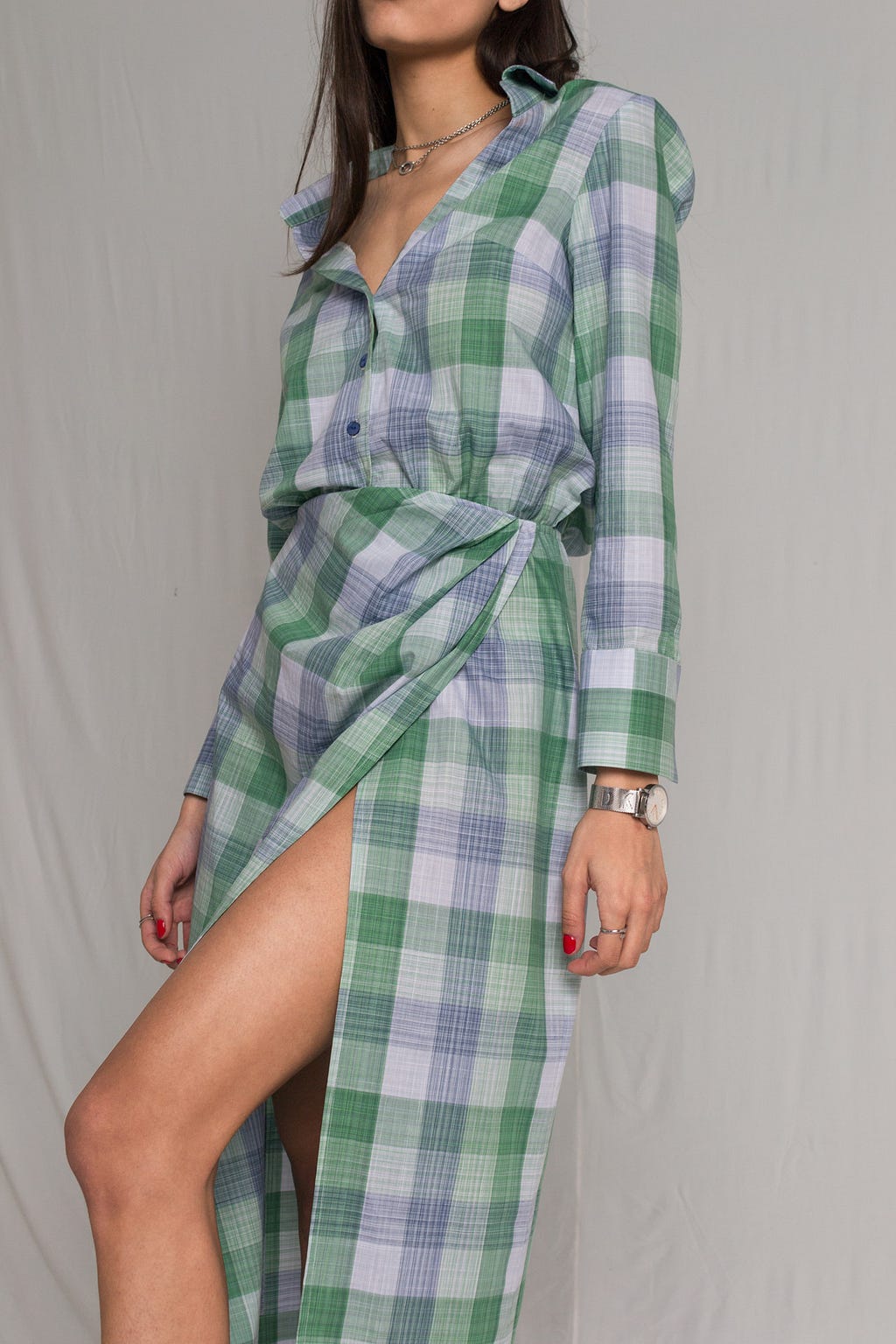 Bastet Noir made to measure plaid shirt dress with pleated detail and elastic waistband