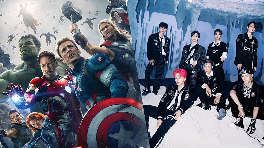 We see the poster for ‘Avengers: Age of Ultron’ and a picture of all the members of K-Pop group SuperM side-by-side.