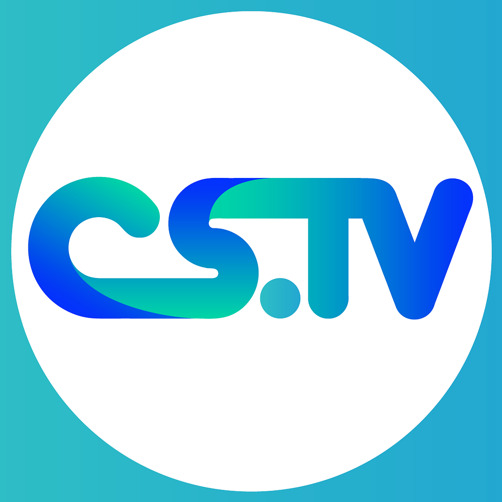 Blue-green logo, “CS.TV”