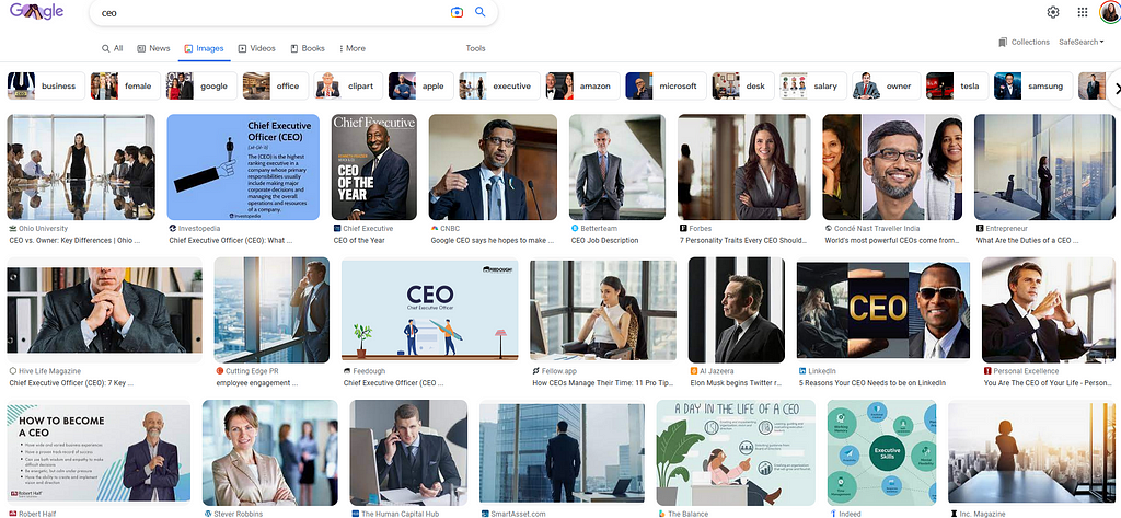The top three rows of a Google Image search for ‘CEO’. Most are male, though it’s good to see a few females in there. None of them are portrayed ‘sexily’.