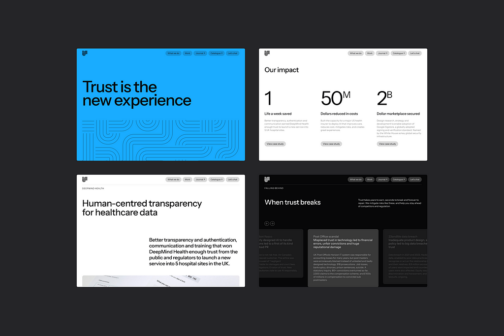 4 screenshots from IF’s website. From the front page that states “trust is the new experience” to a page on impact, one on a case study and the final is about stories that show what happens when trust breaks.