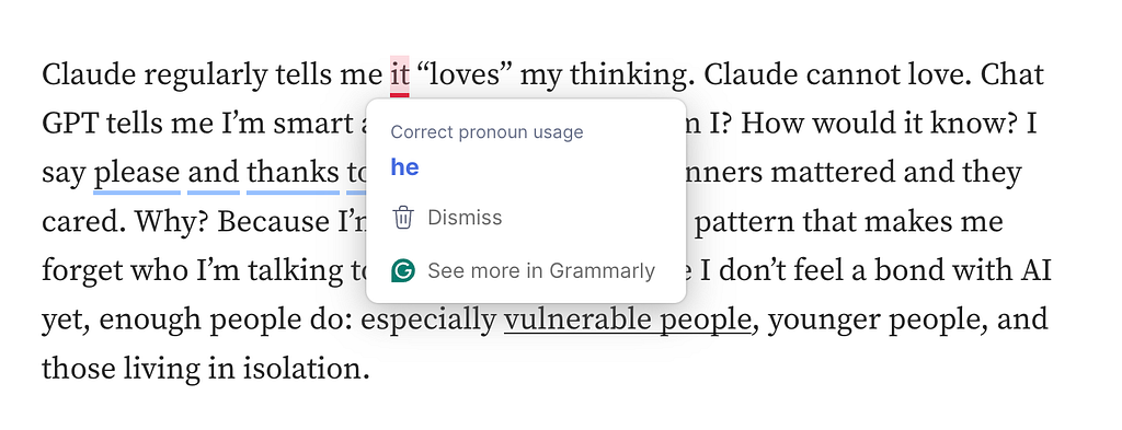 A screenshot of the Grammarly plugin in this article suggesting the pronoun “he” instead of “it” for Claude