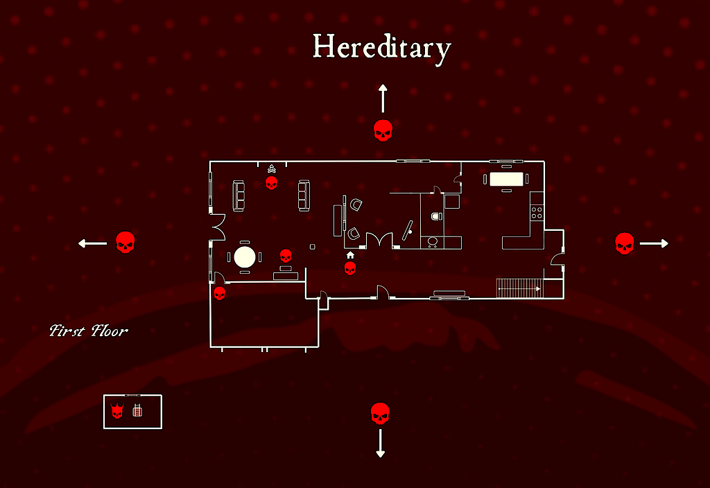 A proposed floor plan of the house in the 2018 film Hereditary, from the Infographic “10 Terrifying Floor Plans from Horror Films” (2023).