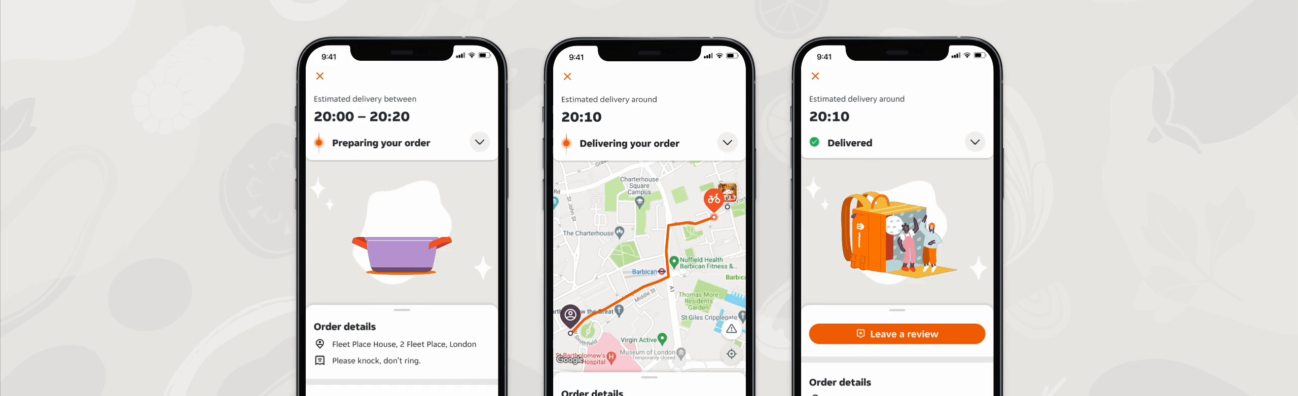 Three mobile screens illustrating three steps of the delivery process and how this visually looks like after the redesign of our tracking experience.