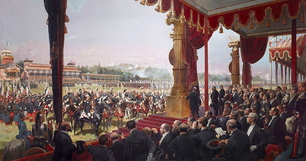Jules Grévy et les représentants de la République assistent à la remise des drapeaux aux régiments français à Longchamp, le 14 juillet 1880.