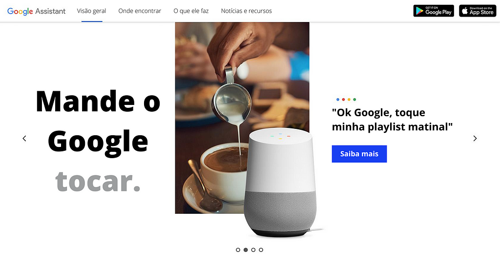 Página do Google Assistente no site do Google, explicando que é possível pedir que ele toque sua playlist matinal.