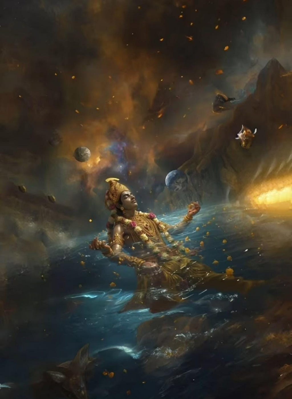 In a tranquil pose among galaxies and stars, Lord Vishnu, the sustainer, represents the divine equilibrium that bridges the known and unknown realms, uniting matter and energy in universal harmony.