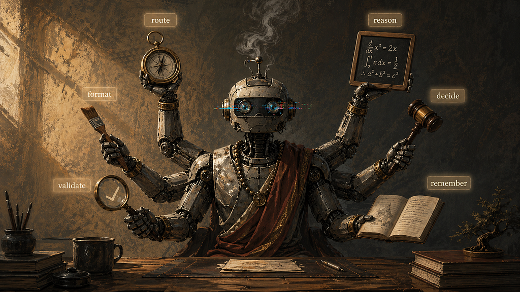 Multi-armed robot at a desk holding six labeled tools: route, reason, format, validate, decide, remember.