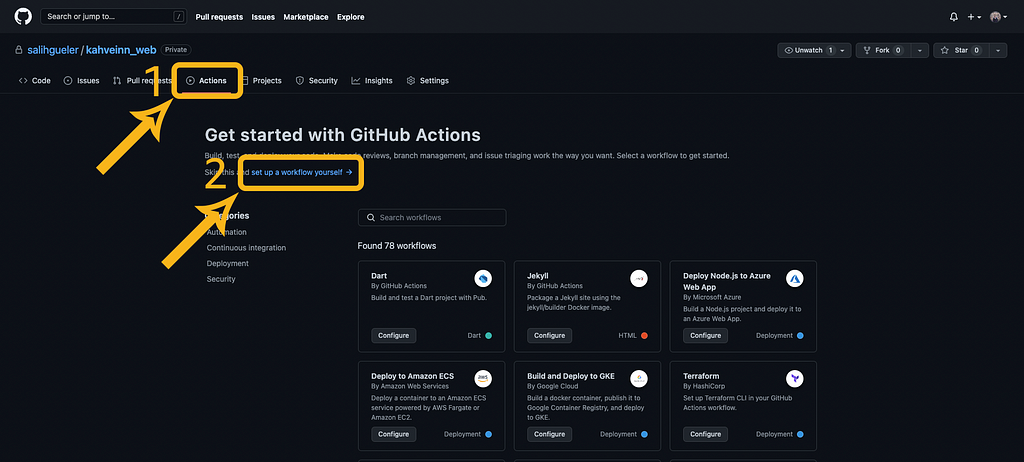 GitHub Actions tab of a new project over GitHub