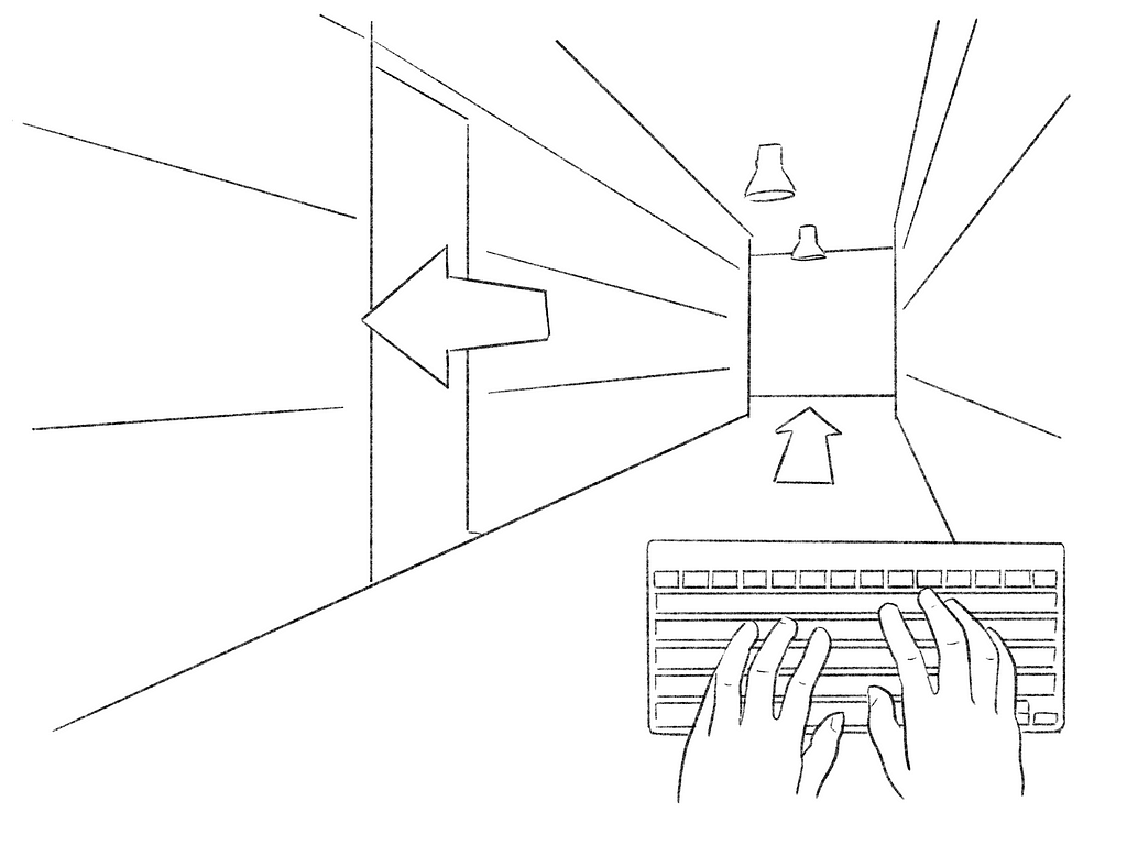 Sketch of a person using a keyboard to navigate a 3D hallway