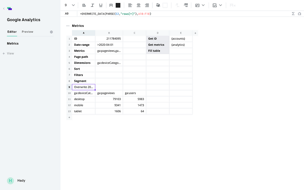 Displaying the Google Analytics report in a dashdash Spreadsheet