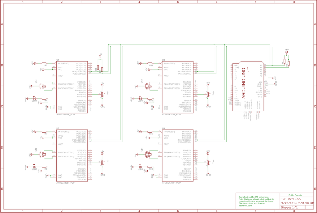 This is the I2C bus connecting 5 Arduinos.