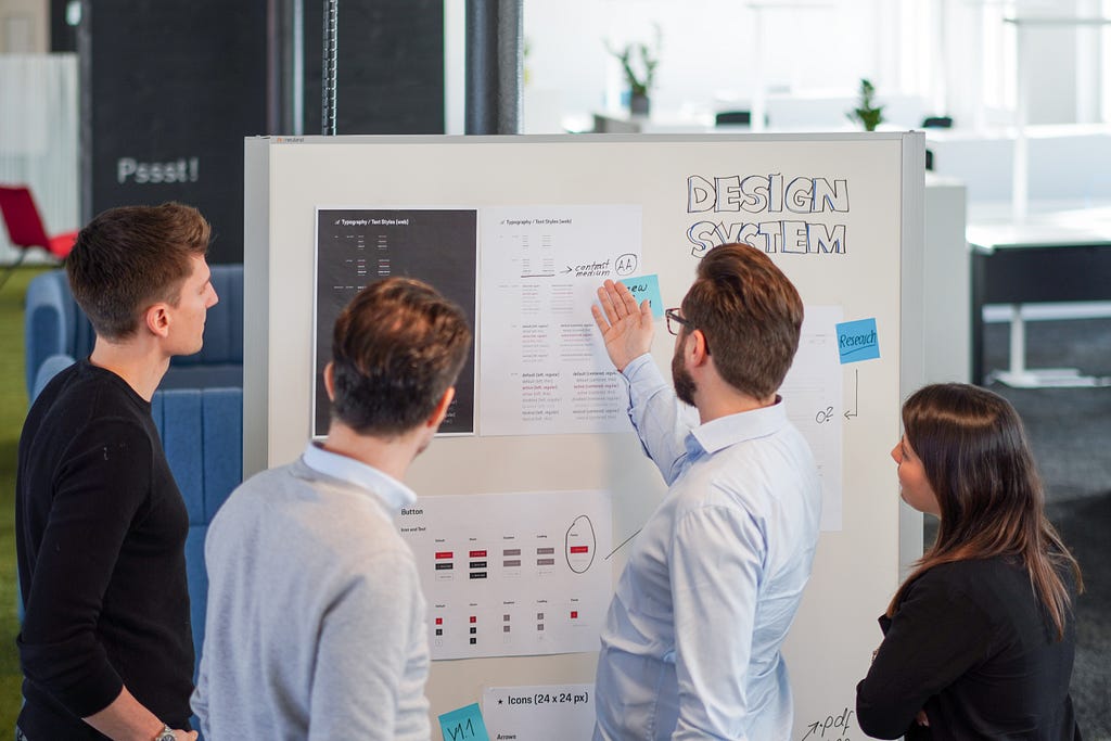 Porsche employees working together on a whiteboard, developing a Design System.