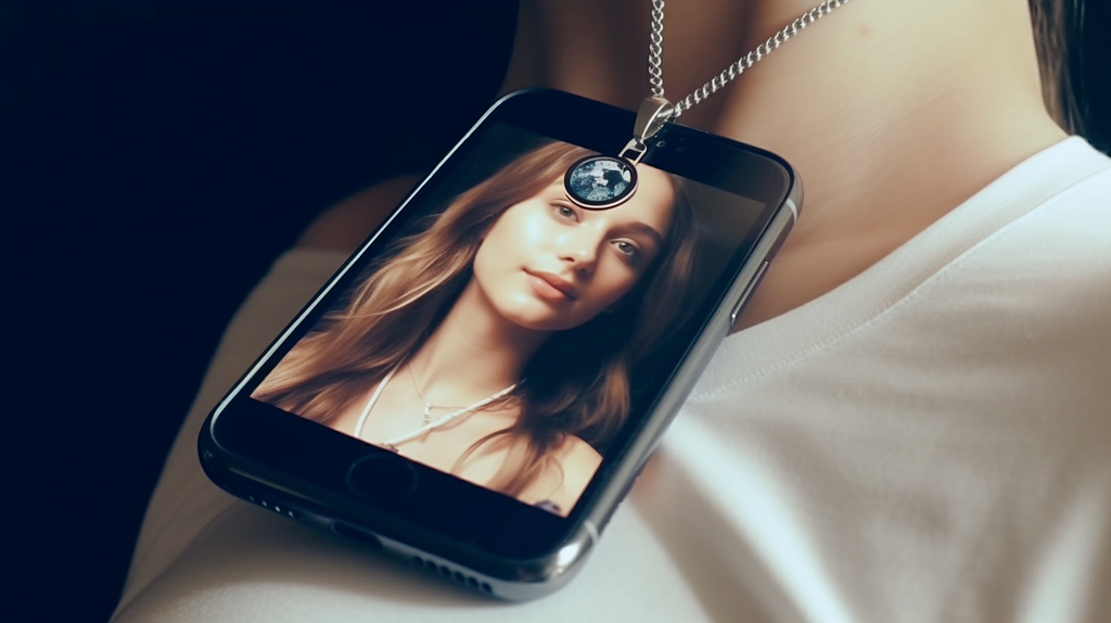 a photoreal image of a celebrity wearing a smartphone as a pendant