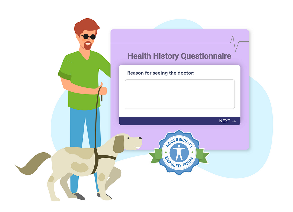 An illustration of a blind man holding his guide dog’s leash next to a JotForm’s card form layout screenshot.