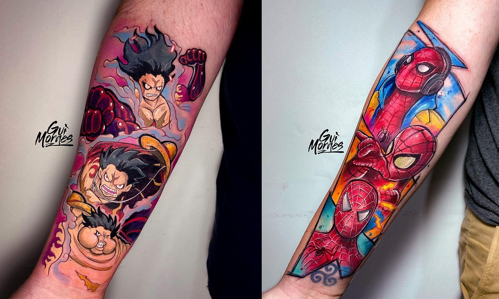 Luffy (One Piece) e Homem-aranha feitas pelo tatuador Guilherme Moraes