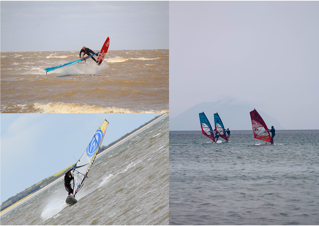 Three panels of windsurfing, two athletic, the other of weekend warriors