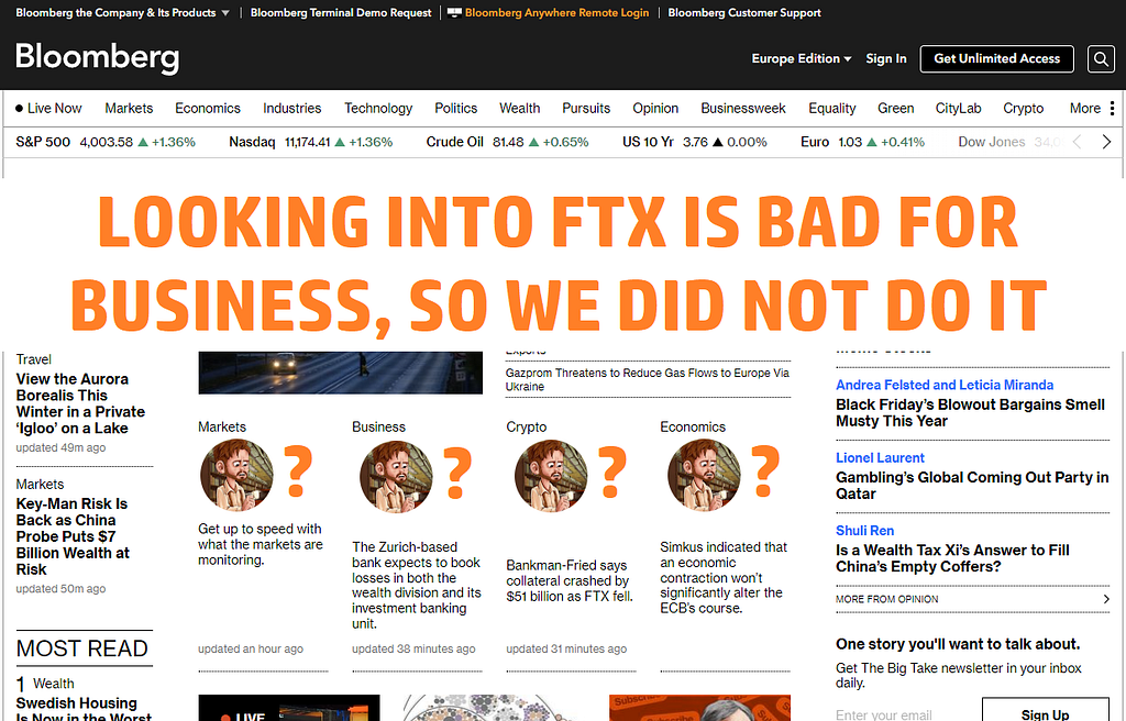 Bloomberg made aware of FTX in June, did nothing because it would be “bad for business”